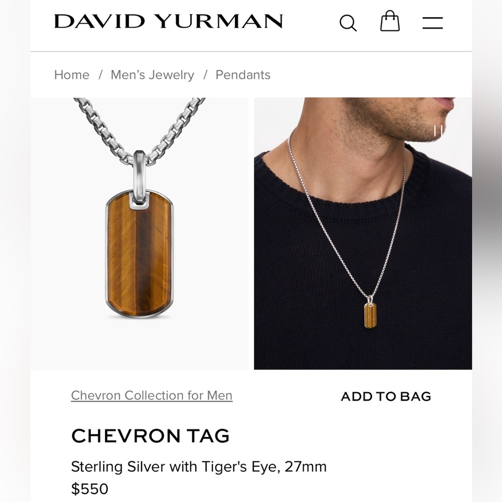 COPY David Yurman Men's Tiger’s Eye Sterling Silver 925 Chevron Tag Pendant